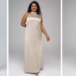 AW BRIDAL Mugwort Halter Long Champagne Satin Dress Women’s Size 14 BRAND NEW